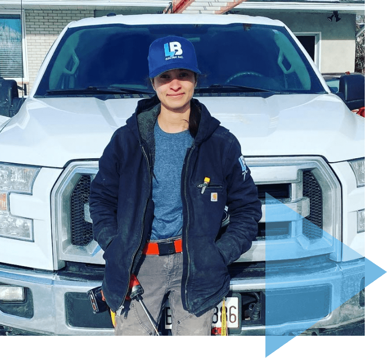 LB Electrician standing in front of white work truck wearing LB ball cap and LB work jacket