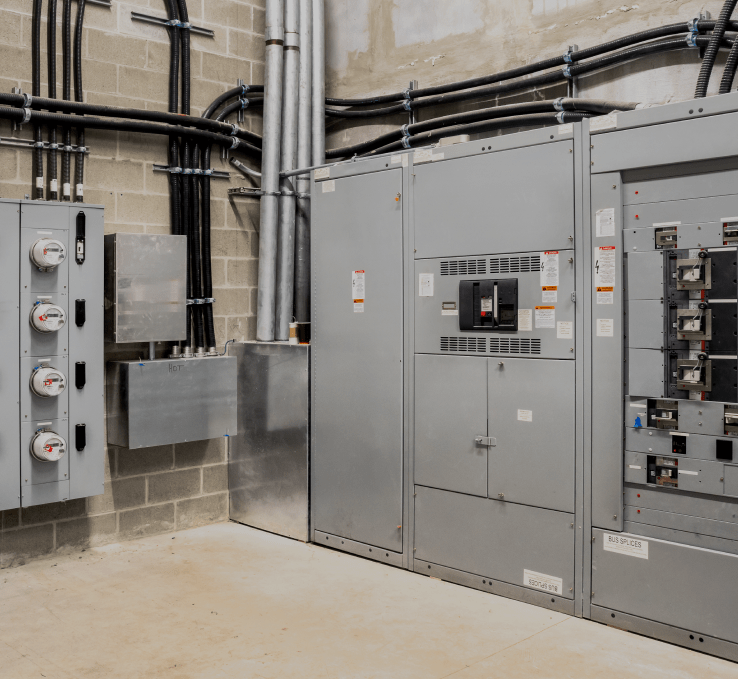 Large industrial electrical units in a clean electrical room