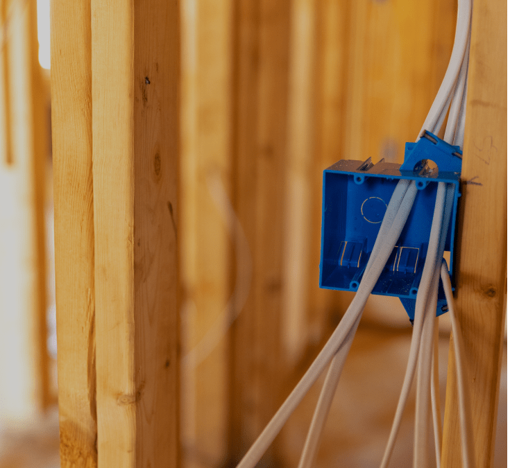 New construction wiring with blue plastic PVC electric outlet box