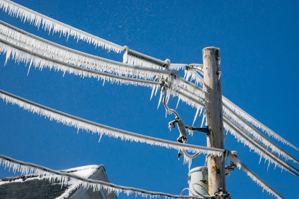 powerlines covered in icicles during power outage